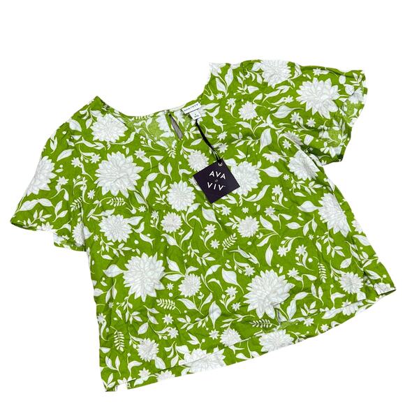 Ava & Viv Women's Plus Size Green and White Short Sleeve Blouse - Size 1X - NWT - Picture 1 of 7